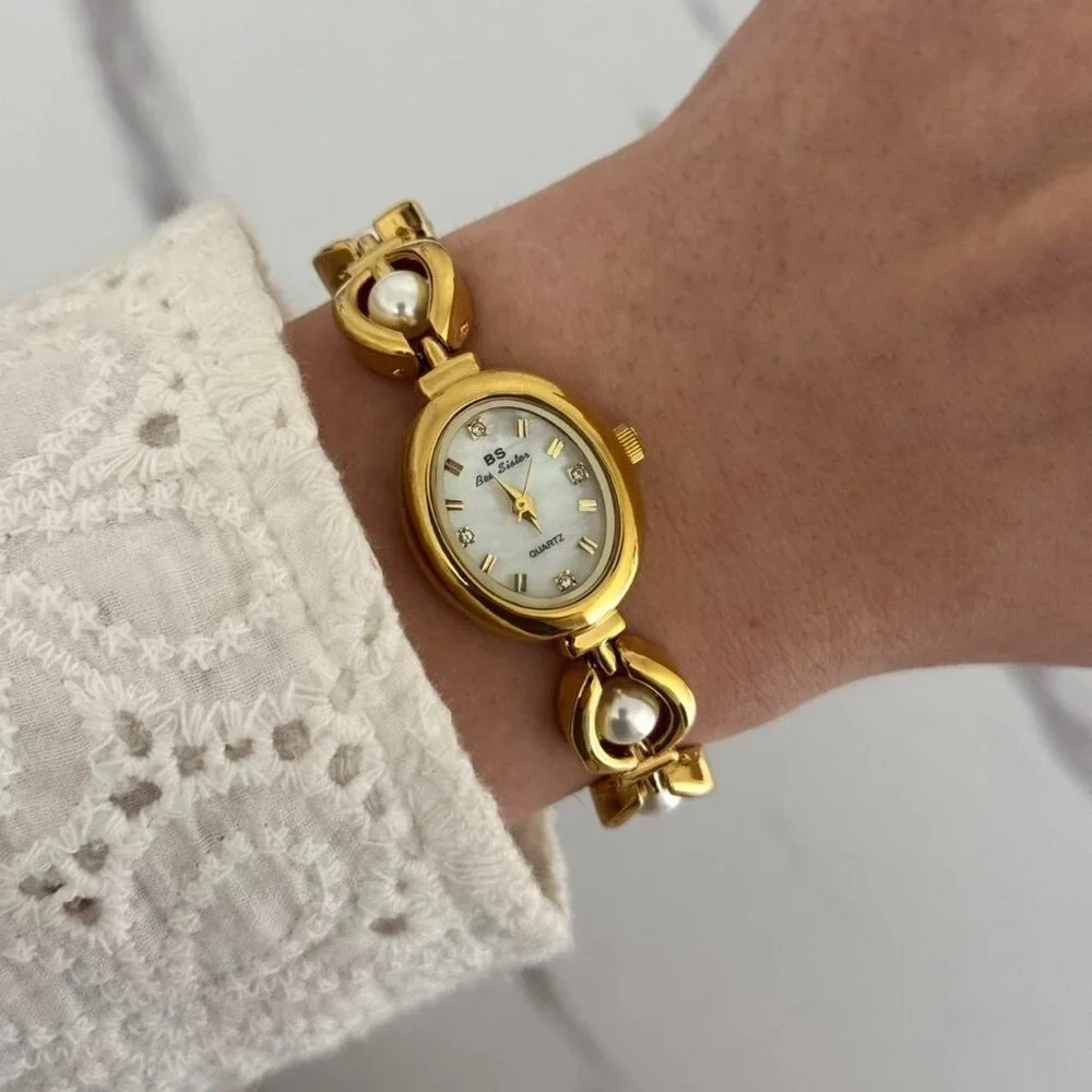 Sku0312‎ Retro Gold White Pearl Gemstones Women Vintage Watch Bracelet +gift bag